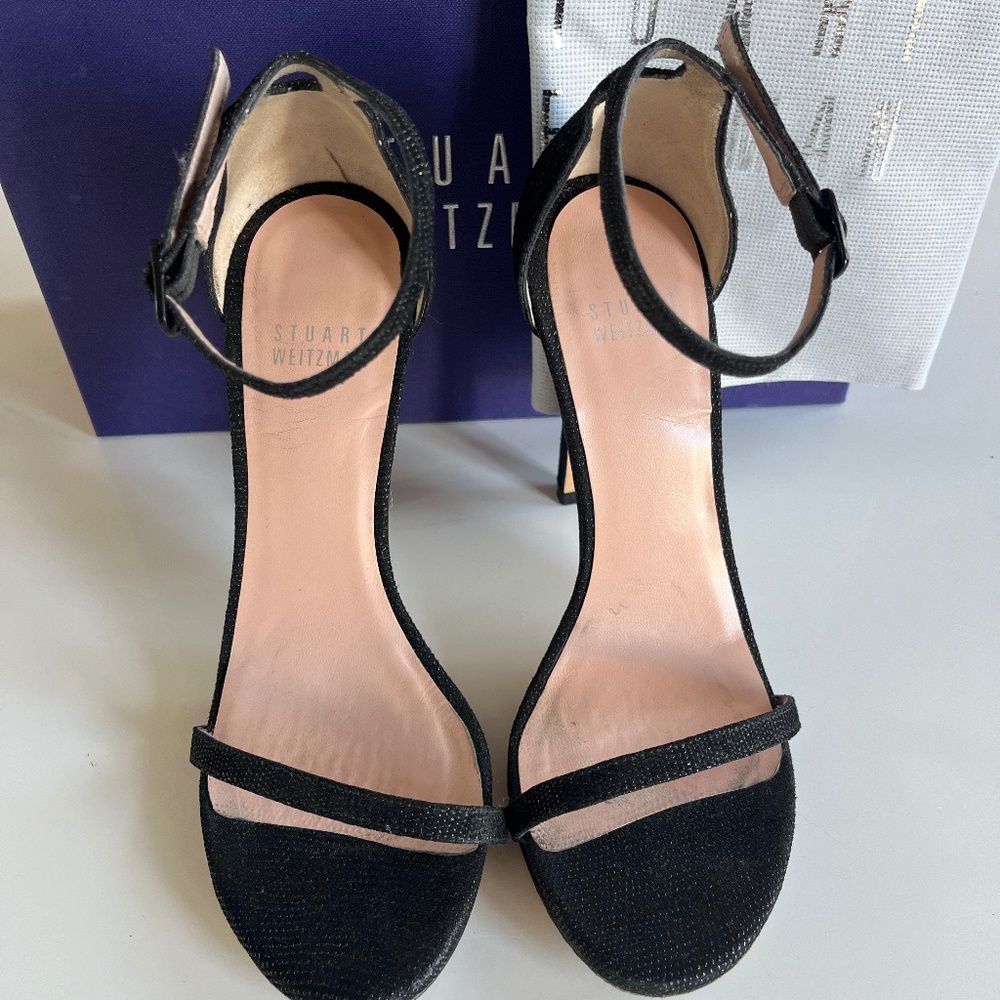 Stuart Weitzman Nudist 6 Black Leather Heels Stilettos Sandals